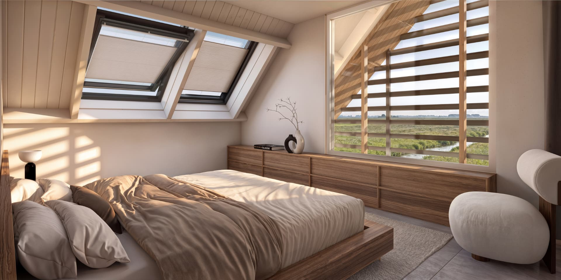Slaapkamer in 16D Polderzicht met zicht op het polderlandschap
